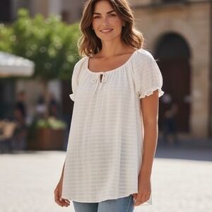 Sadie & Sage Womens XL White Textured Cotton Babydoll Puff Sleeve Blouse NWOT